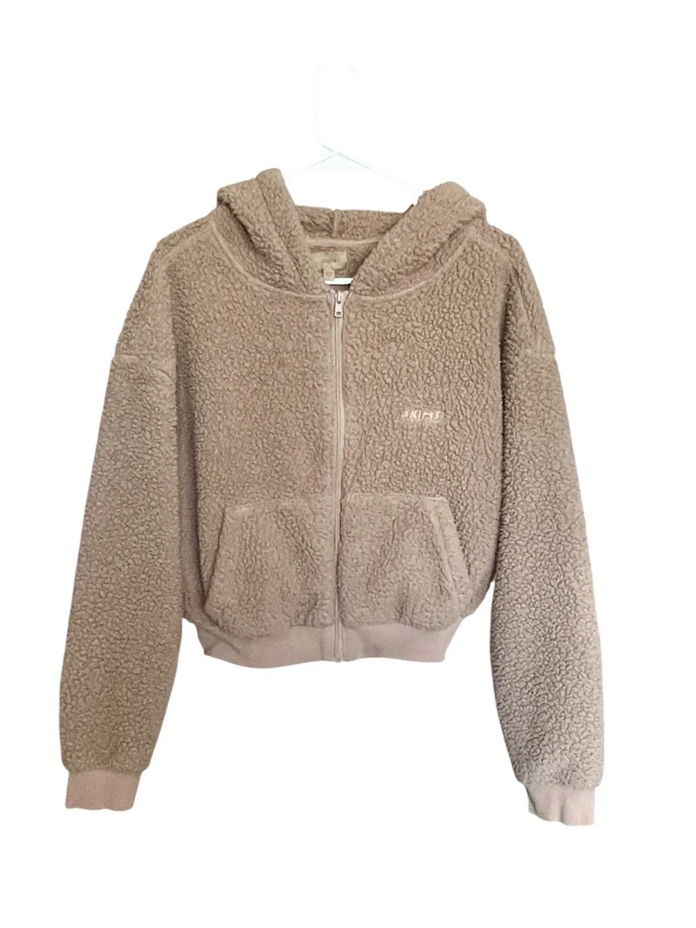SKIMS Teddy Zip Up Hoodie Jacket SZ M Taupe Cozy Cropped Fleece Pockets